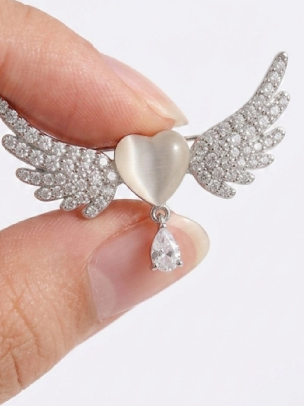 Dainty Rhinestone Wing Brooch Pin Angelcore Crystal Heart Drop Dangle NWT
